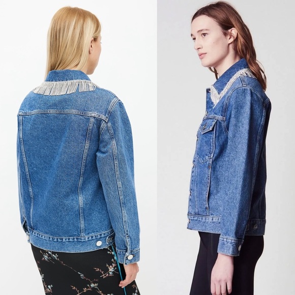 SANDRO Crystal Rhinestone Fringe Collar‎ Oversized Denim Trucker Jean Jacket M - Picture 9 of 15